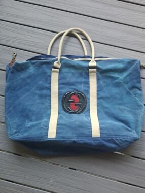 Upcycle Blue Canvas Tote Bag with Cream Handles and Red Accent